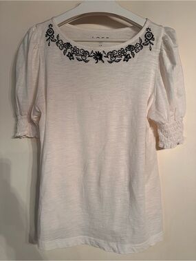 LOFT Cream Embroidered Puff Sleeve Top